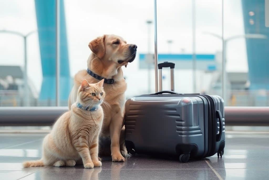 Pet cat and dog ready for travel with a suitcase at the airport.