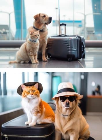 Pet cat and dog at an airport looking ready for travel with a suitcase wearing hats.