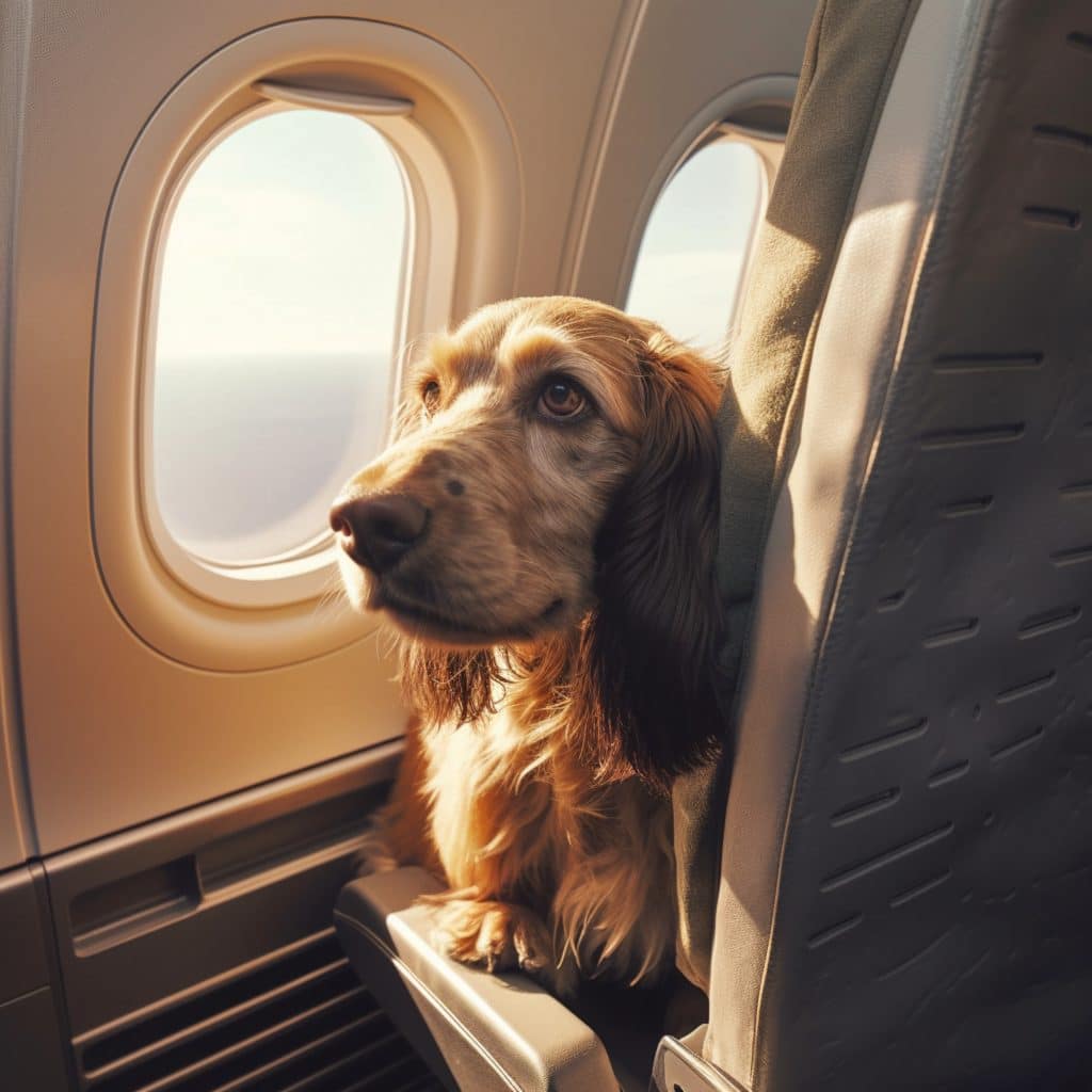 Pet dog being transported by air sitting in a plane seat