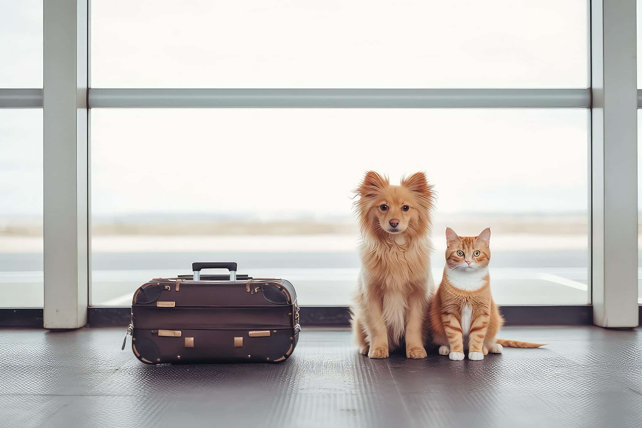 A dog and a cat sitting at the airport patiently next to a suitcase. 