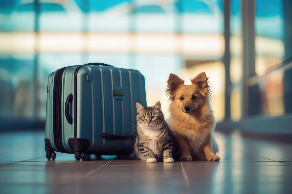 A cat and dog laying down in an airport next to a suitcase