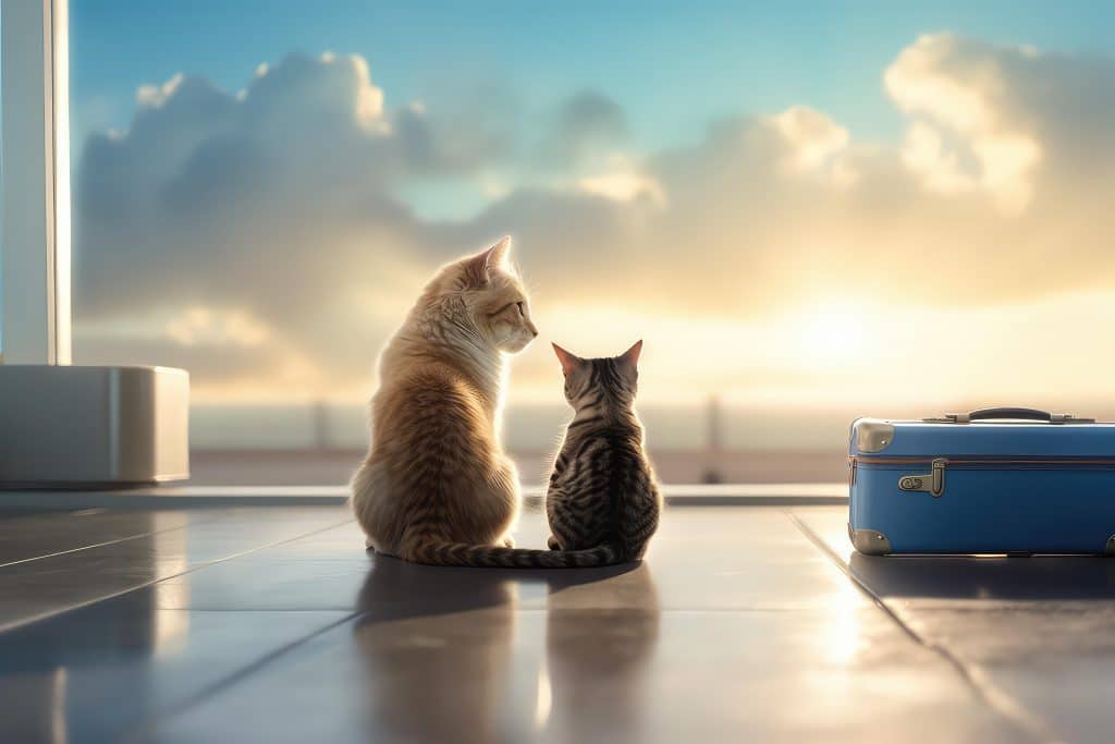 Two cats watching the sunset whilst sitting next to a suitcase.