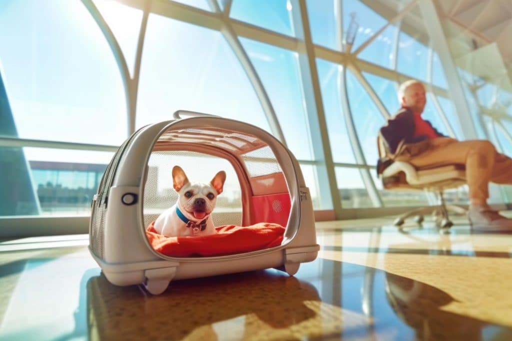 A small dog in a crate in an airport lounge.