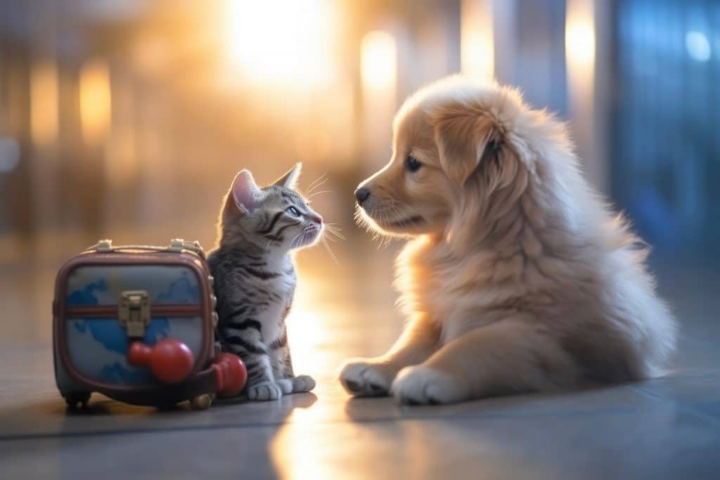 Puppy and kitten looking at each other in an airport with luggage. 