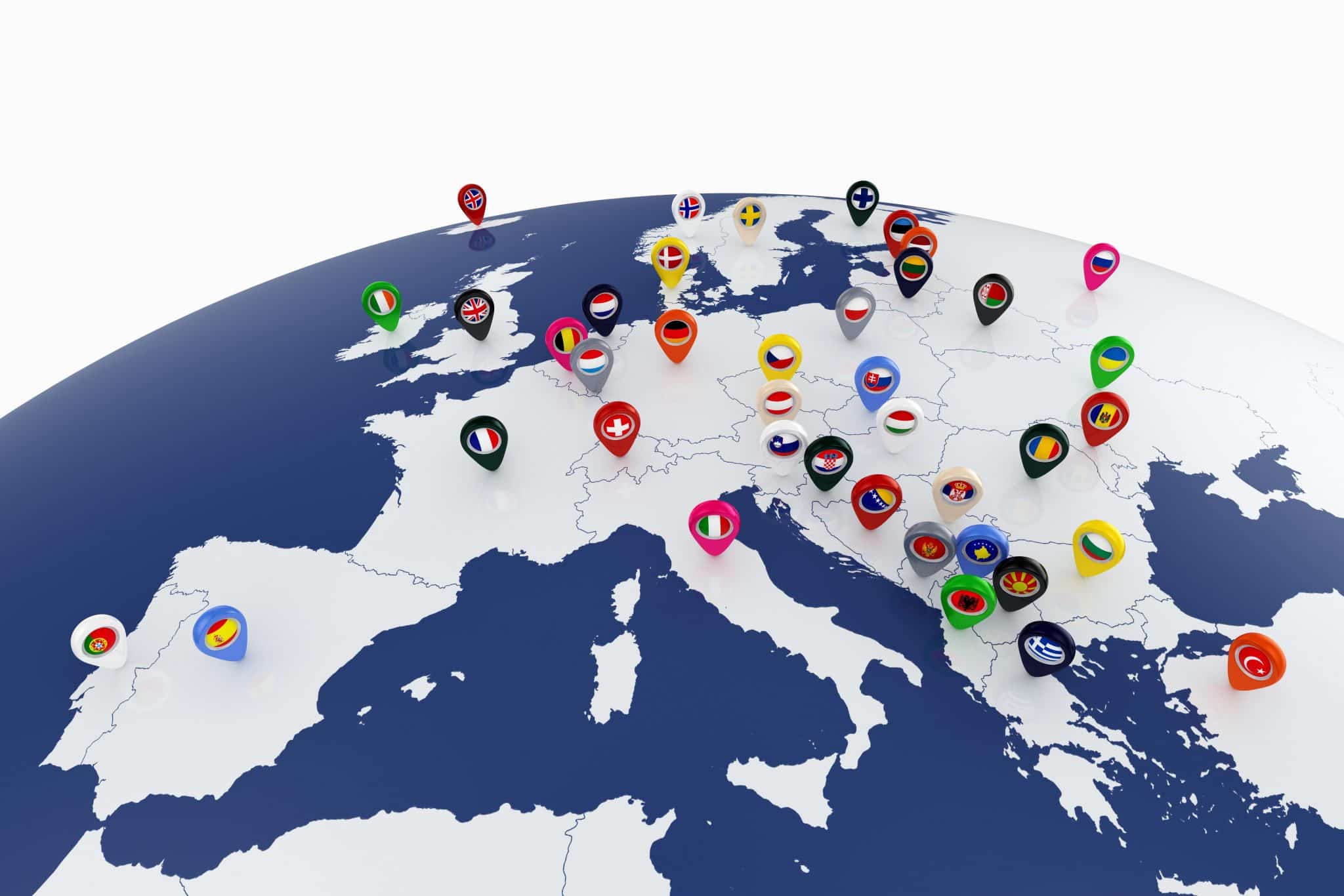 Map of Europe with flag pins dropped on all the countries. 