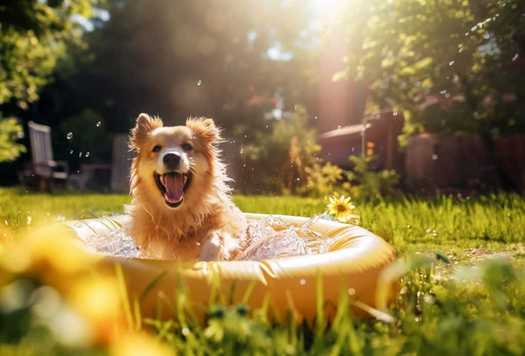 A happy dog splashing in a paddling pool.